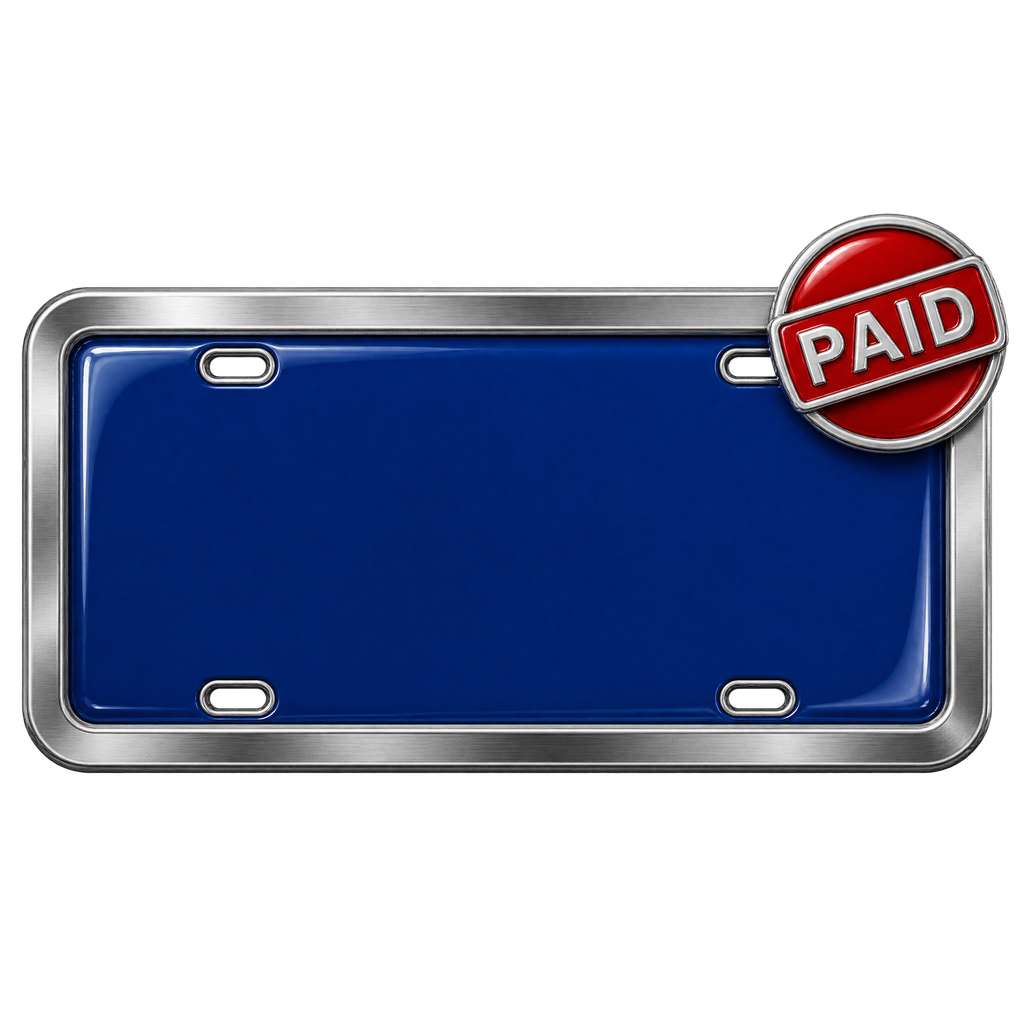 A chrome licence plate with an enamel paid badge on its corner